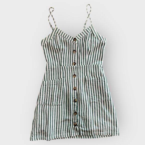Lulus On The Pier Linen Blend Mini Dress Medium Green White Button Down Summer - Picture 1 of 9